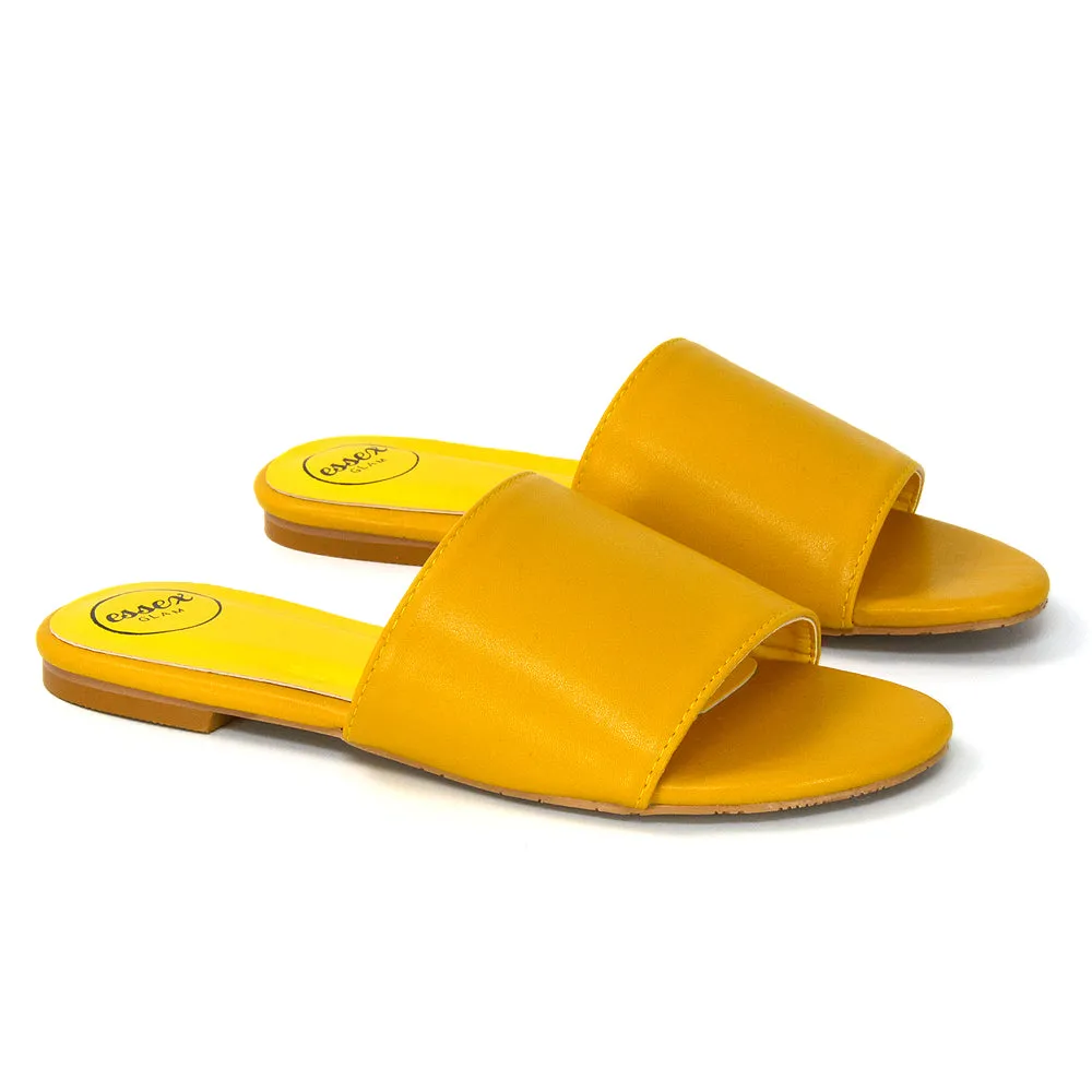 Peony Flat Strappy Slip on Slider Summer Sandals in Mustard Synthetic Leather