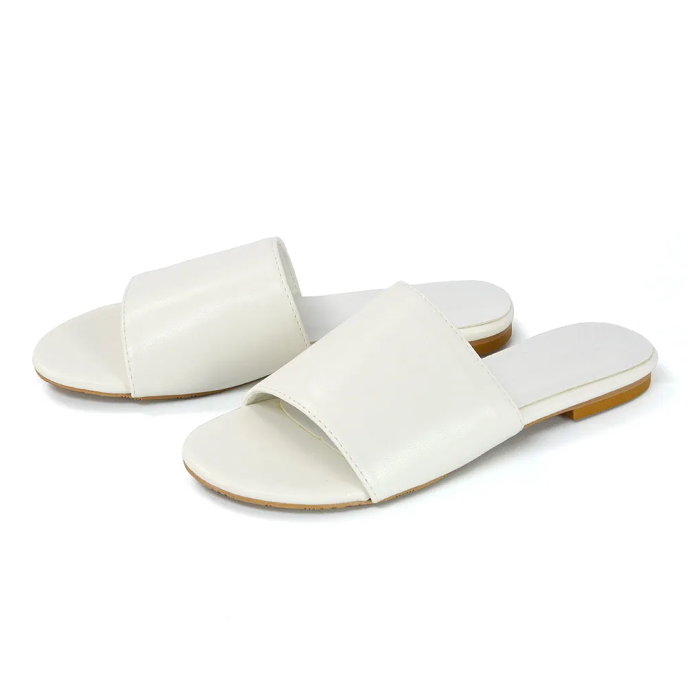 Peony Flat Strappy Slip on Slider Summer Sandals in Mustard Synthetic Leather