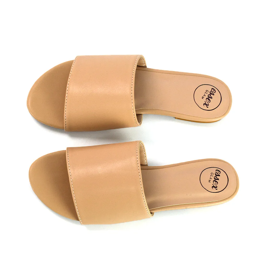 Peony Flat Strappy Slip on Slider Summer Sandals in Mustard Synthetic Leather