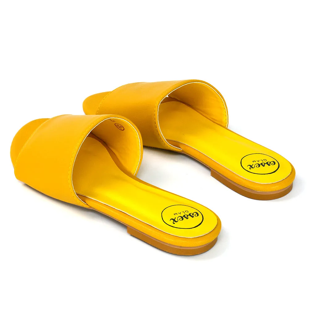 Peony Flat Strappy Slip on Slider Summer Sandals in Mustard Synthetic Leather