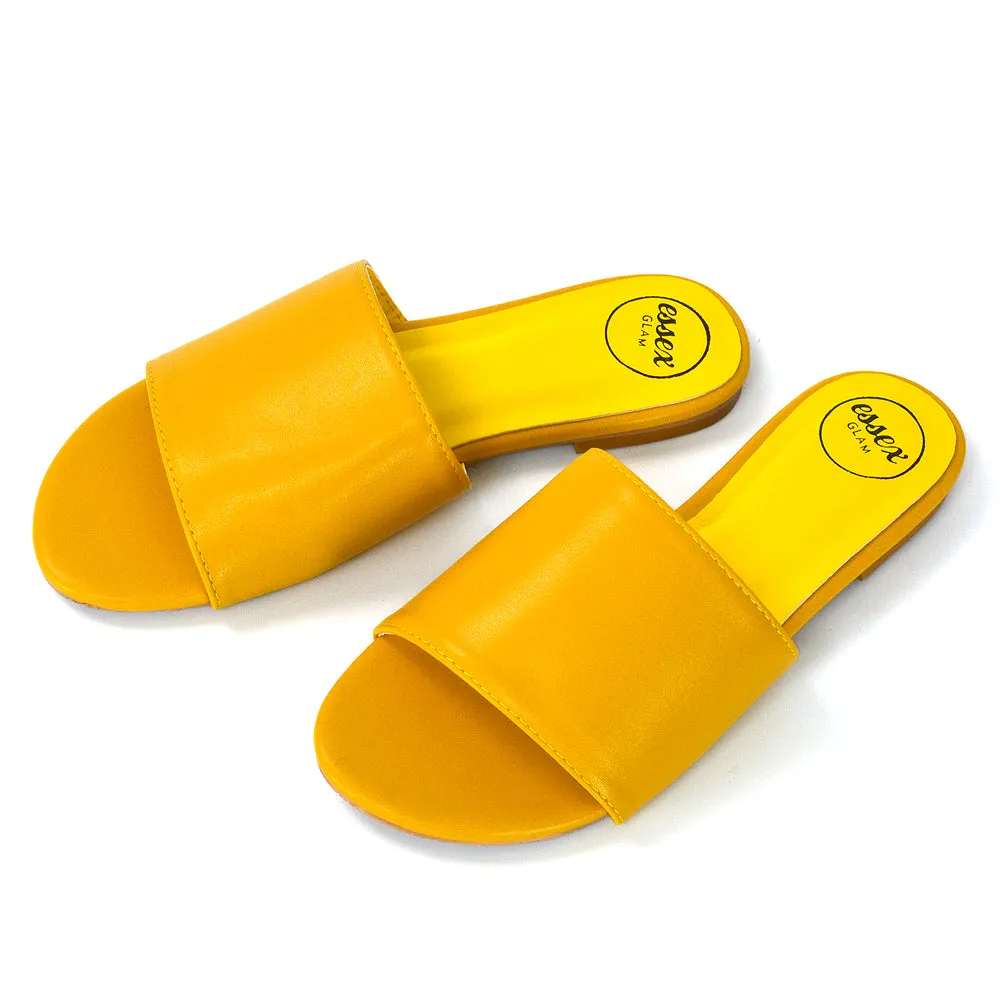 Peony Flat Strappy Slip on Slider Summer Sandals in Mustard Synthetic Leather