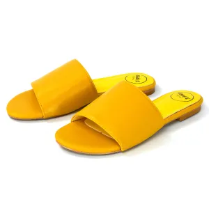 Peony Flat Strappy Slip on Slider Summer Sandals in Mustard Synthetic Leather