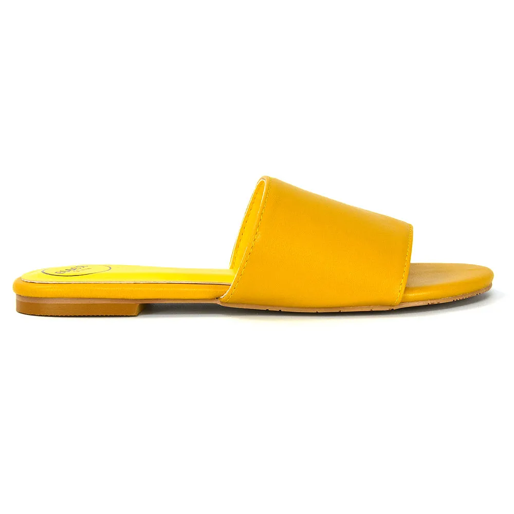 Peony Flat Strappy Slip on Slider Summer Sandals in Mustard Synthetic Leather