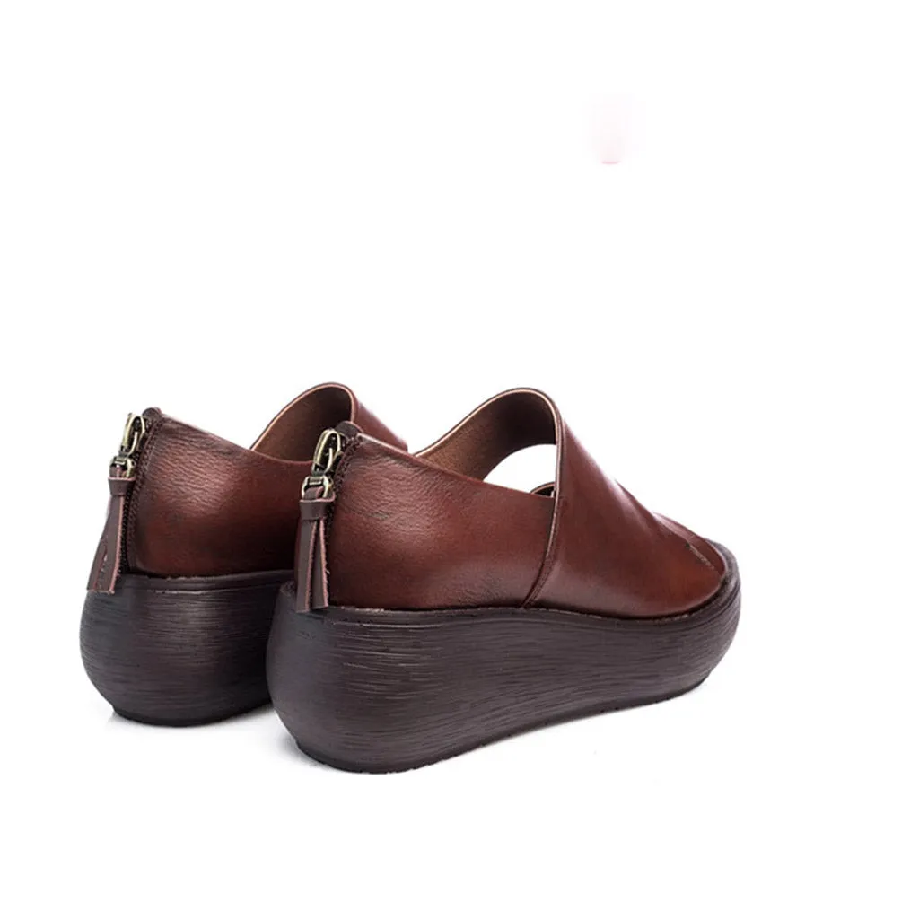 Summer Retro Leather Holiday Wedge Sandals