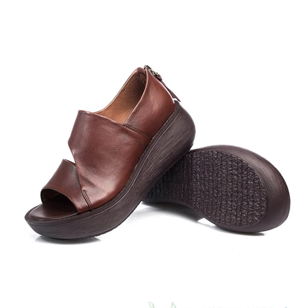 Summer Retro Leather Holiday Wedge Sandals